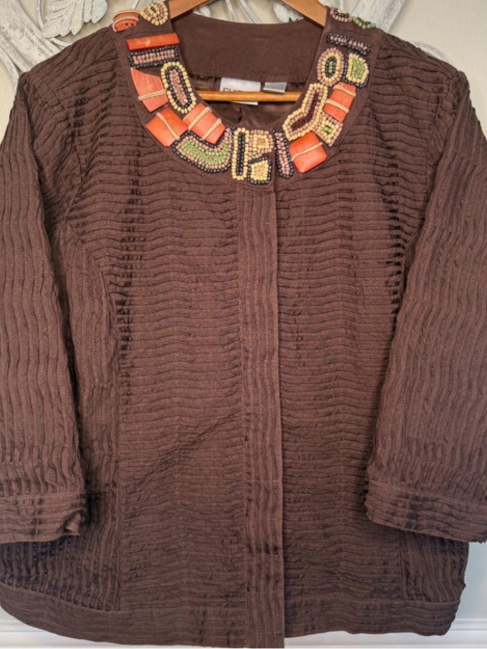 Chico's Brown Quilted Jacket with Beaded Collar